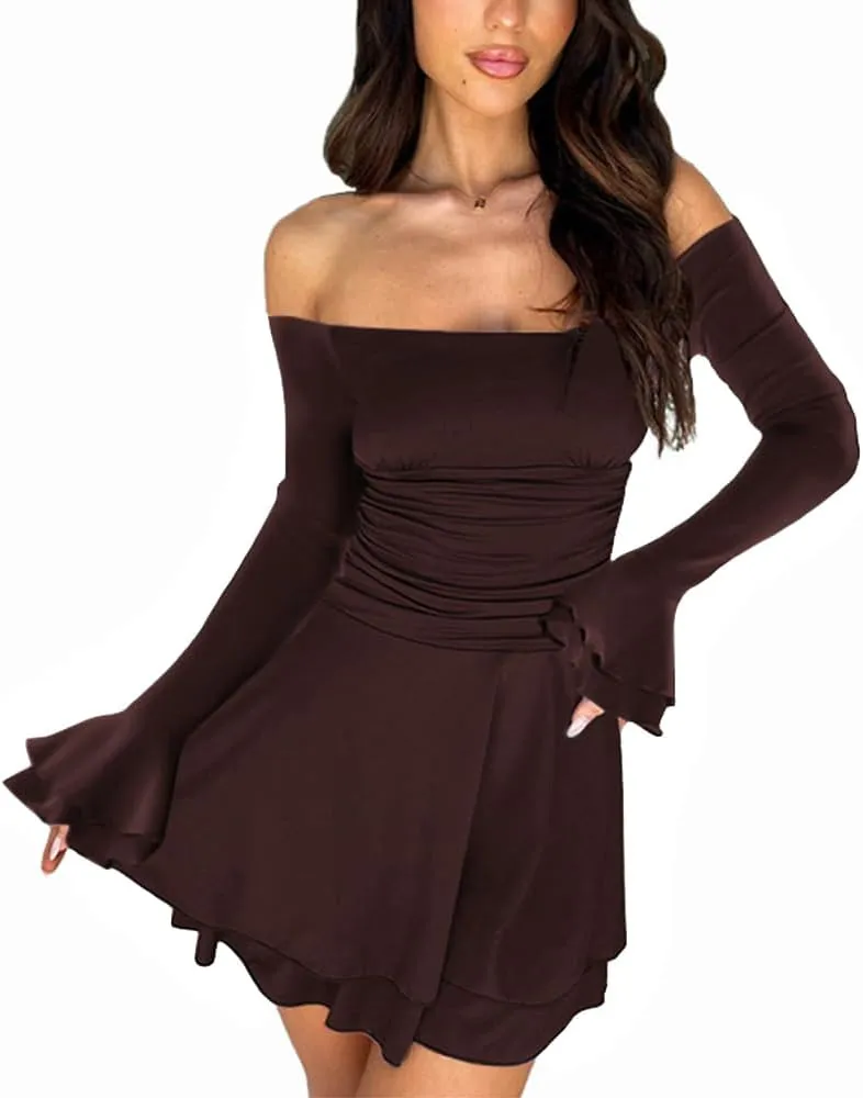 MiiVoo Women's Long Sleeve Tube Dress Sexy Off Shoulder Ruffle Tiered Flowy Bodycon Mini Dresses
