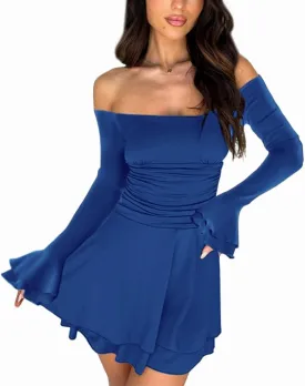 MiiVoo Women's Long Sleeve Tube Dress Sexy Off Shoulder Ruffle Tiered Flowy Bodycon Mini Dresses