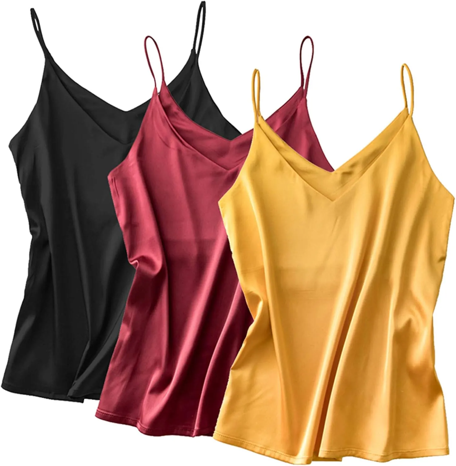 Miqieer Basic 3 Pack Women's Silk Tank Top Ladies V-Neck Camisole Silky Loose Sleeveless Blouse Tank Shirt with Soft Satin