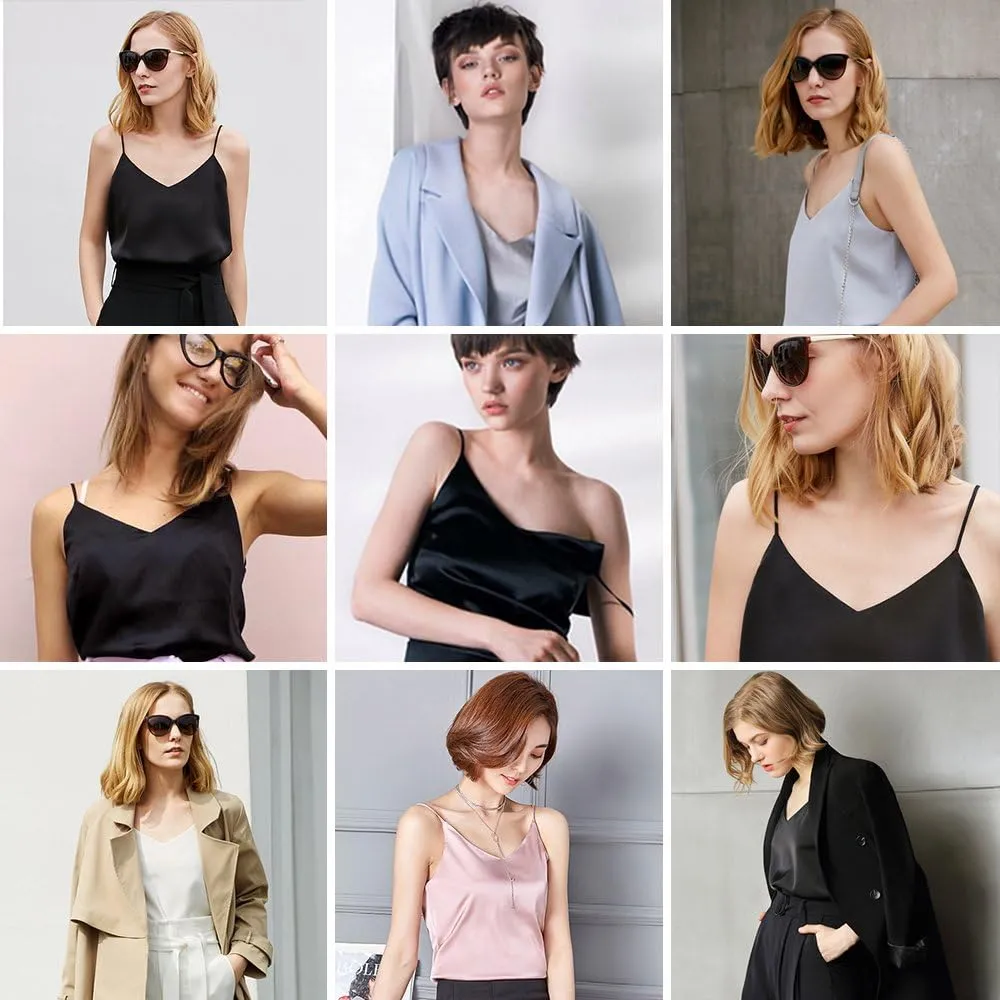 Miqieer Basic 3 Pack Women's Silk Tank Top Ladies V-Neck Camisole Silky Loose Sleeveless Blouse Tank Shirt with Soft Satin