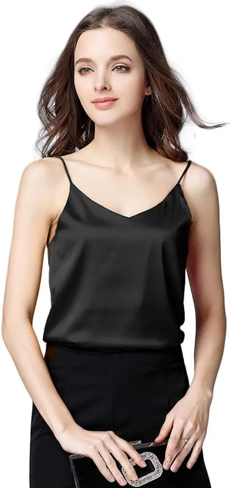 Miqieer Basic 3 Pack Women's Silk Tank Top Ladies V-Neck Camisole Silky Loose Sleeveless Blouse Tank Shirt with Soft Satin