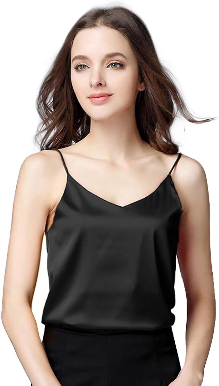 Miqieer Basic 3 Pack Women's Silk Tank Top Ladies V-Neck Camisole Silky Loose Sleeveless Blouse Tank Shirt with Soft Satin