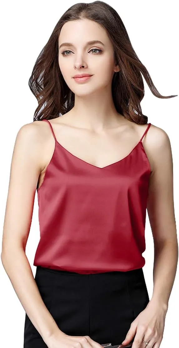 Miqieer Basic 3 Pack Women's Silk Tank Top Ladies V-Neck Camisole Silky Loose Sleeveless Blouse Tank Shirt with Soft Satin
