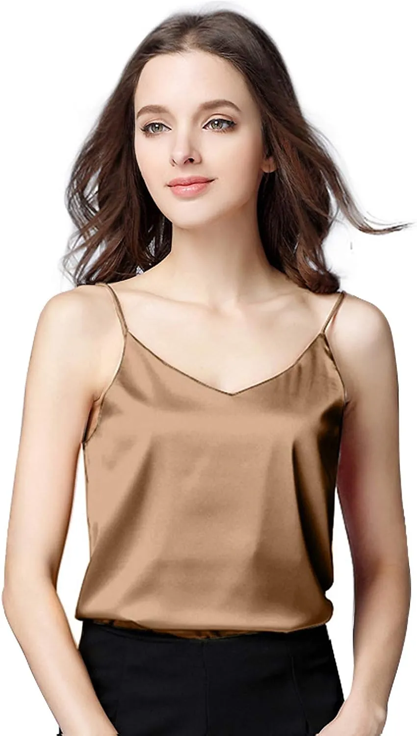Miqieer Basic 3 Pack Women's Silk Tank Top Ladies V-Neck Camisole Silky Loose Sleeveless Blouse Tank Shirt with Soft Satin
