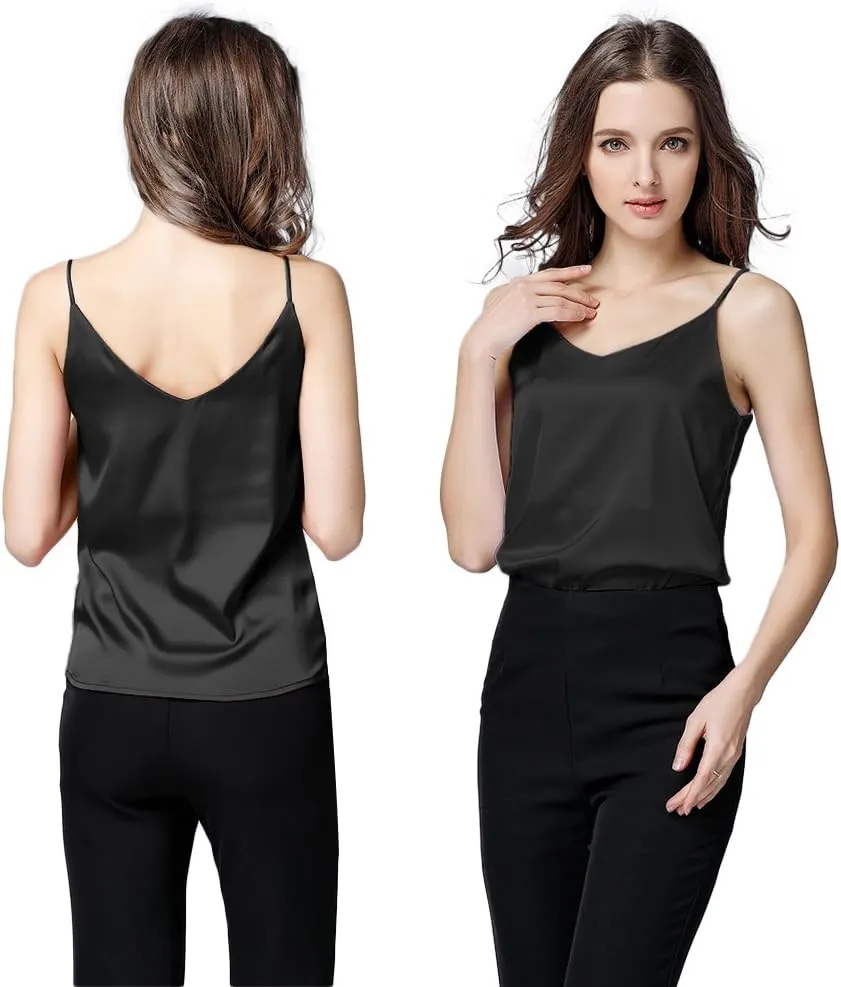 Miqieer Basic 3 Pack Women's Silk Tank Top Ladies V-Neck Camisole Silky Loose Sleeveless Blouse Tank Shirt with Soft Satin