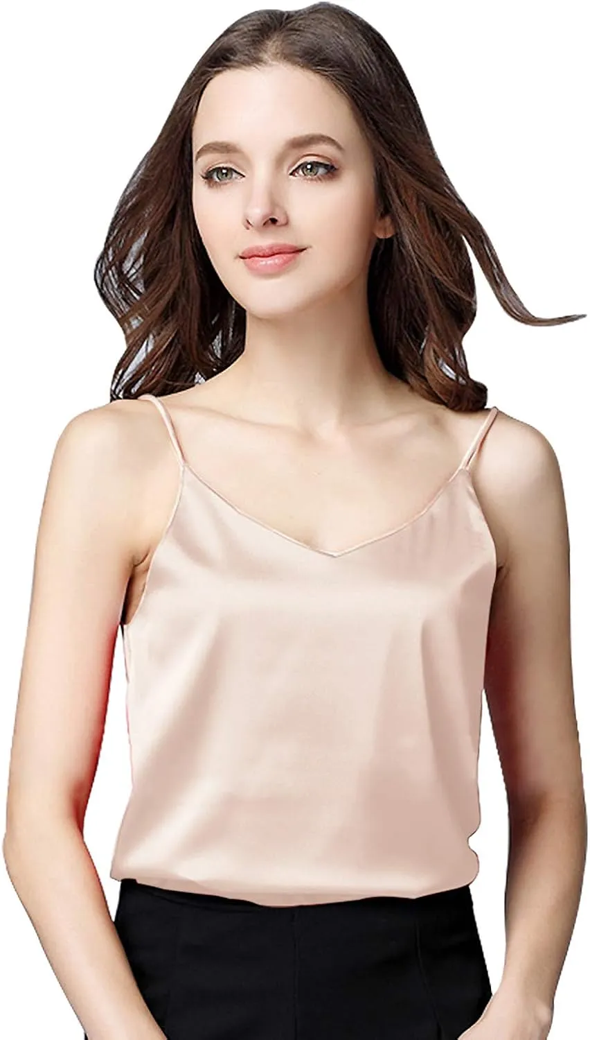 Miqieer Basic 3 Pack Women's Silk Tank Top Ladies V-Neck Camisole Silky Loose Sleeveless Blouse Tank Shirt with Soft Satin