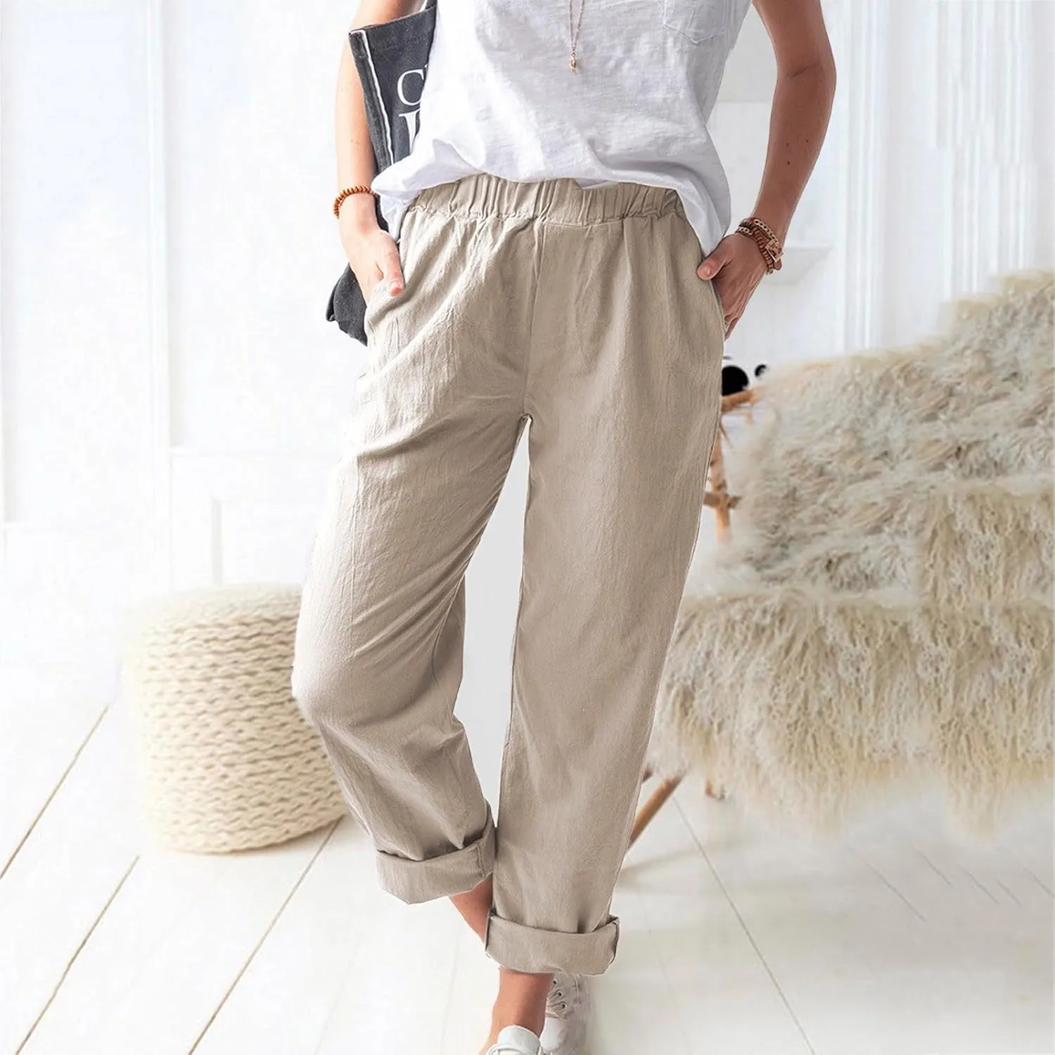 Pants for Women Trendy 2024 Casual Summer Elastic Waist Cotton Linen Pants Straight Leg Crop Trousers