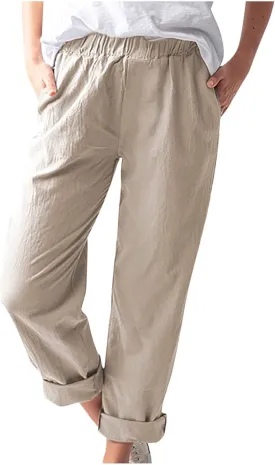 Pants for Women Trendy 2024 Casual Summer Elastic Waist Cotton Linen Pants Straight Leg Crop Trousers