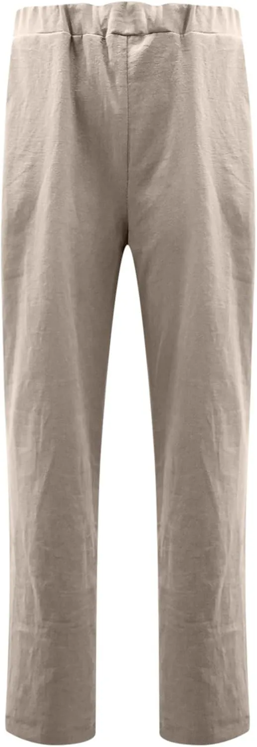 Pants for Women Trendy 2024 Casual Summer Elastic Waist Cotton Linen Pants Straight Leg Crop Trousers