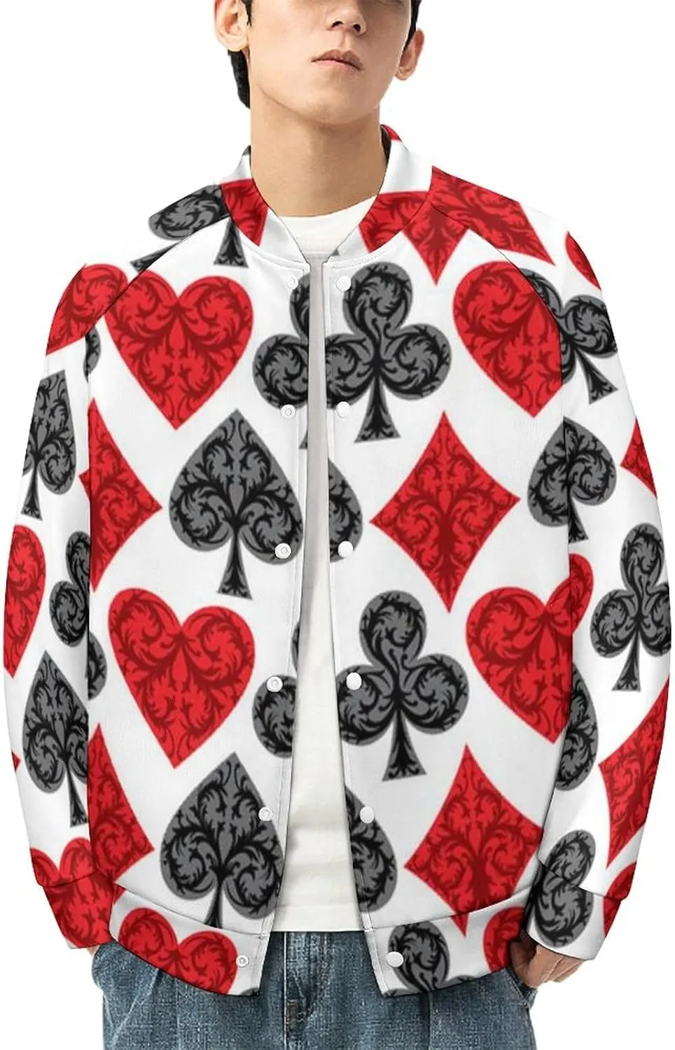Playing Card Poker Mens Baseball Jacket Long Sleeve Casual Coat Bomber Jacket Unisex Streetwear