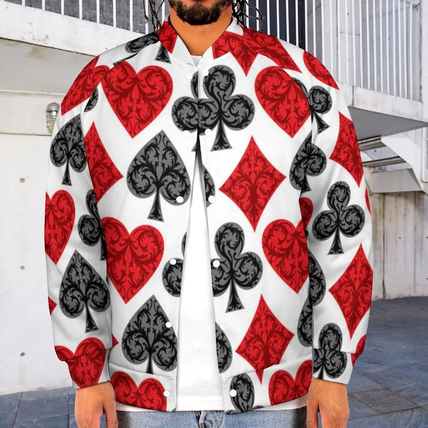 Playing Card Poker Mens Baseball Jacket Long Sleeve Casual Coat Bomber Jacket Unisex Streetwear