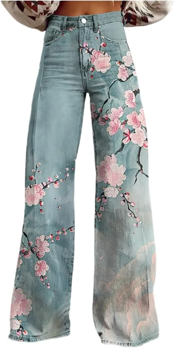 Printed Jeans for Women, Vintage Floral Graphic, 2025 Summer Wide Leg Dark Wash 90s Thin FauxJean Not Really Jeans.