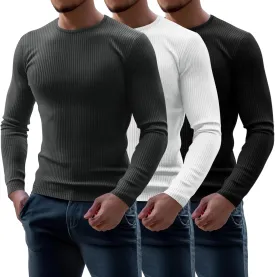 Riyiper 3 Pack Men's Ribbed Thermal Shirts Crew Neck Long Sleeve Tops Winter Stretchy Slim Basic Undershirt