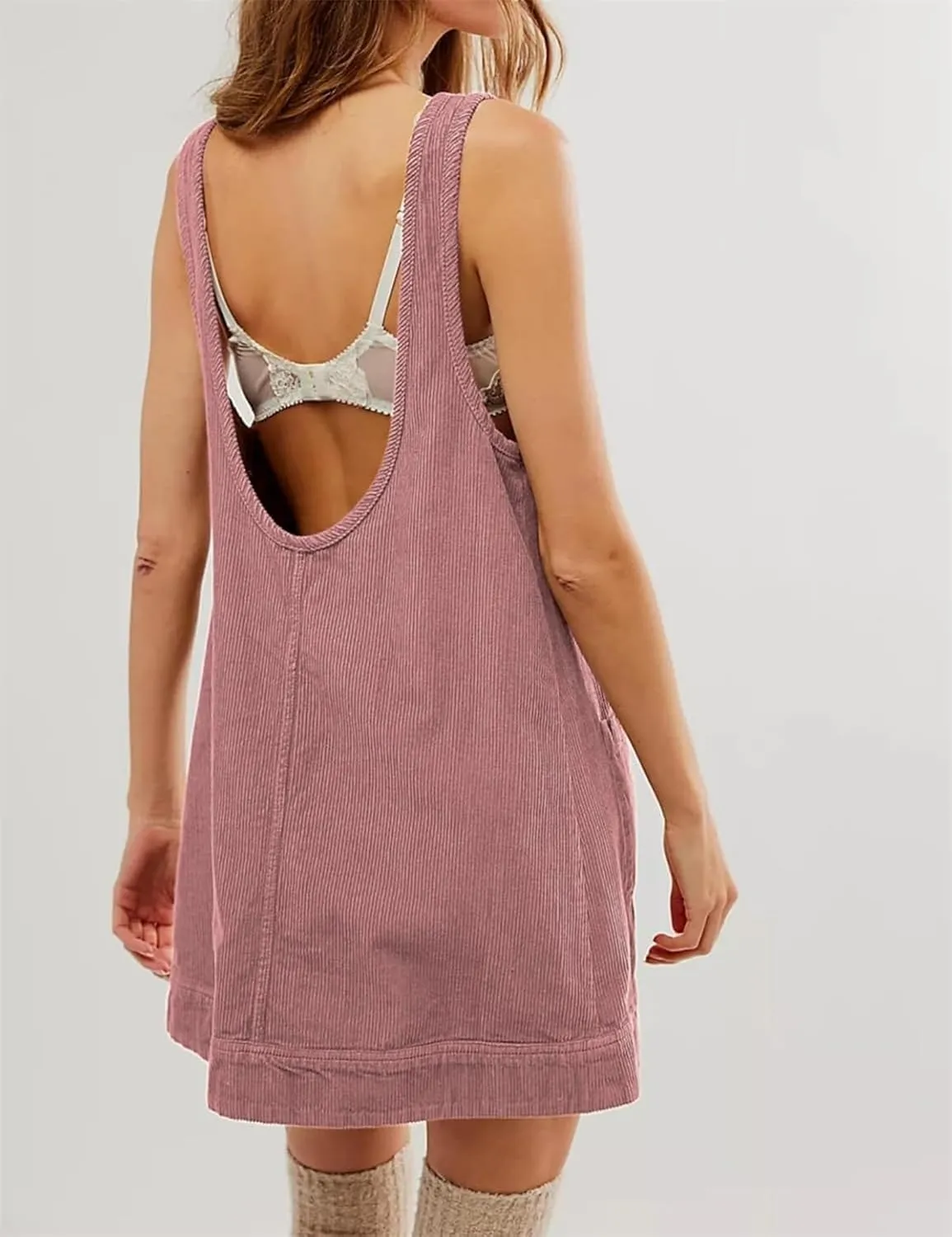 Round Neck A Line Skirtall with Pockets,Women's Corduroy Overall Dress,Fashion Jumper High Roller Mini Romper Pinafore Pink