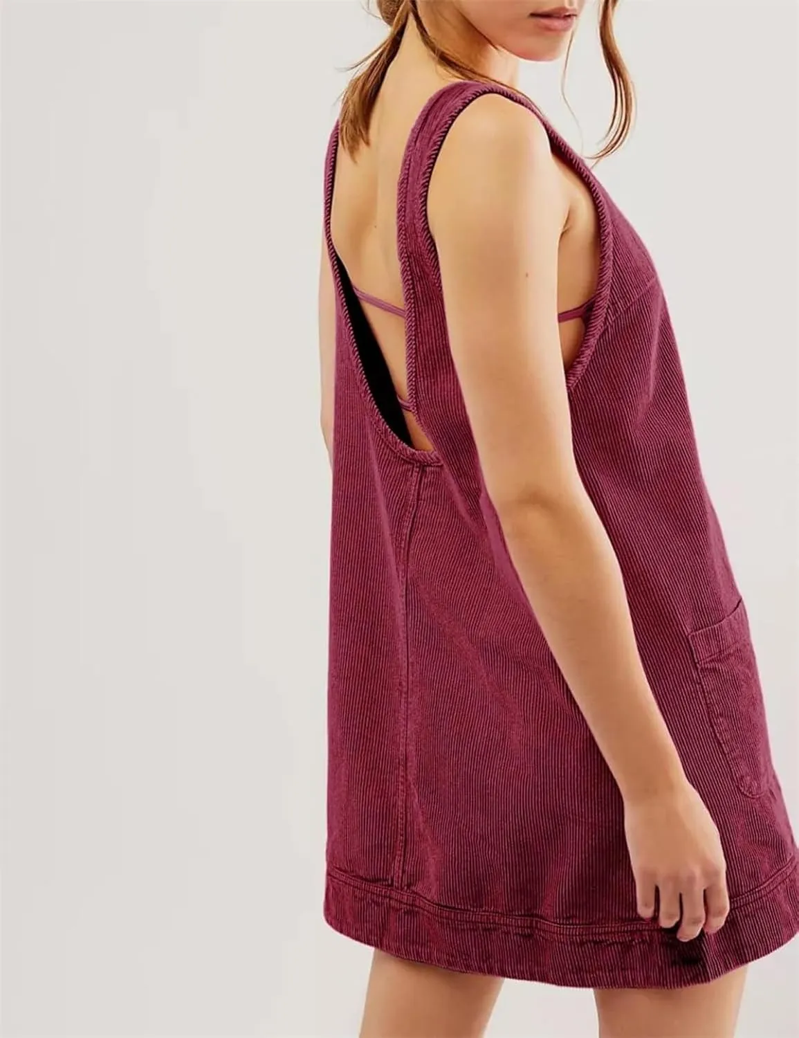Round Neck A Line Skirtall with Pockets,Women's Corduroy Overall Dress,Fashion Jumper High Roller Mini Romper Pinafore Wine Red