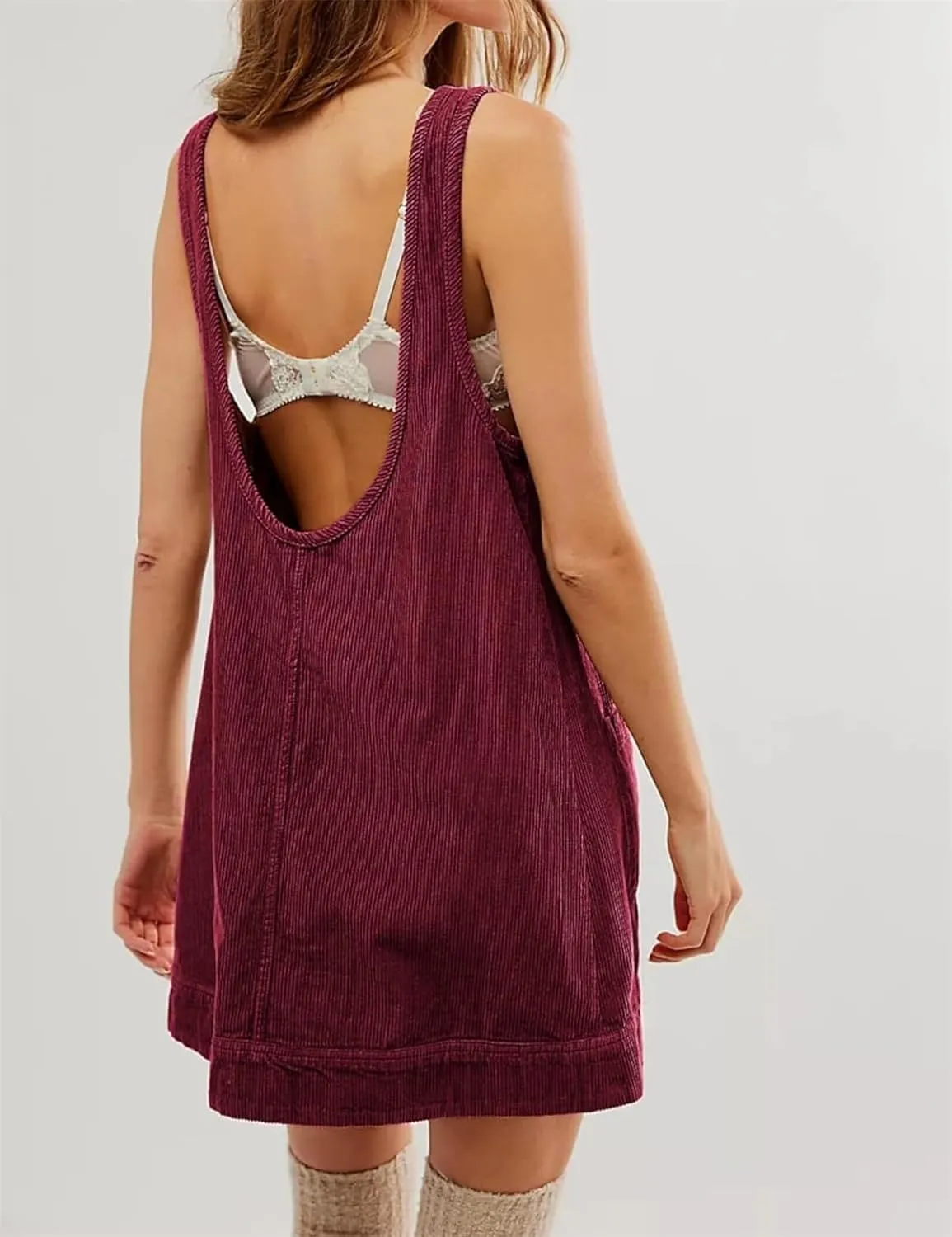 Round Neck A Line Skirtall with Pockets,Women's Corduroy Overall Dress,Fashion Jumper High Roller Mini Romper Pinafore Wine Red