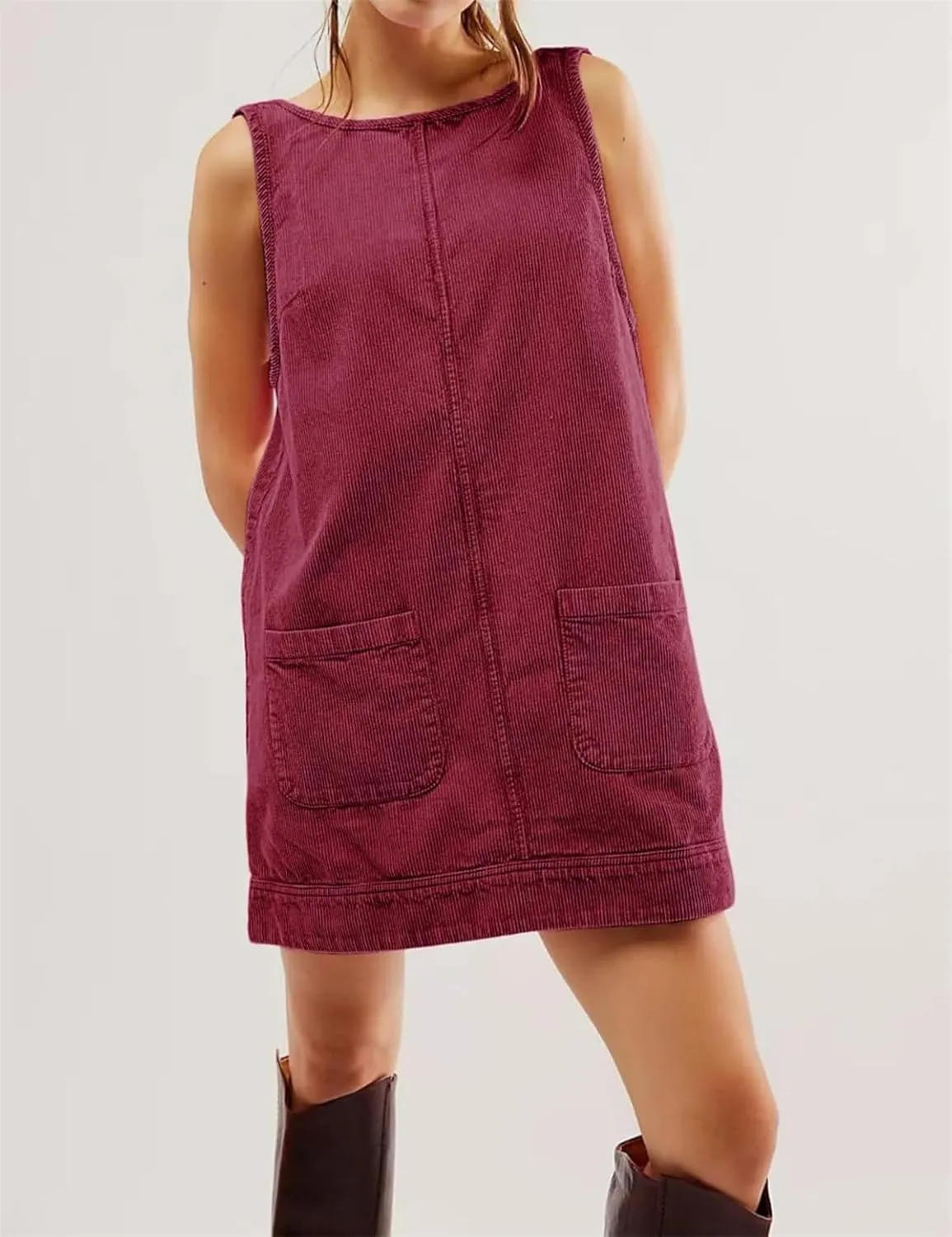 Round Neck A Line Skirtall with Pockets,Women's Corduroy Overall Dress,Fashion Jumper High Roller Mini Romper Pinafore Wine Red