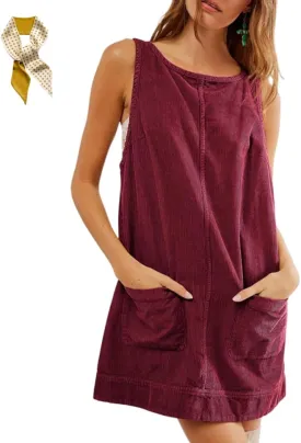 Round Neck A Line Skirtall with Pockets,Women's Corduroy Overall Dress,Fashion Jumper High Roller Mini Romper Pinafore Wine Red