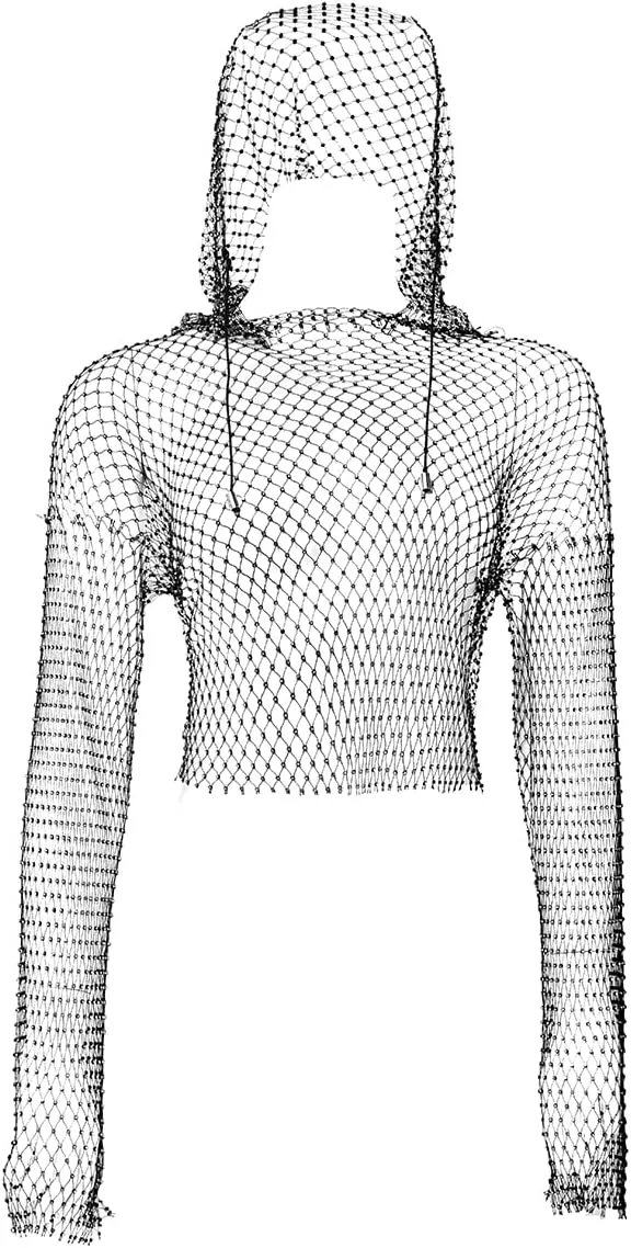 Sheer Long Sleeve Tops for Women Plus Size Tight Rhinestone See Through Mesh Crop Top Off Shoulder V Neck