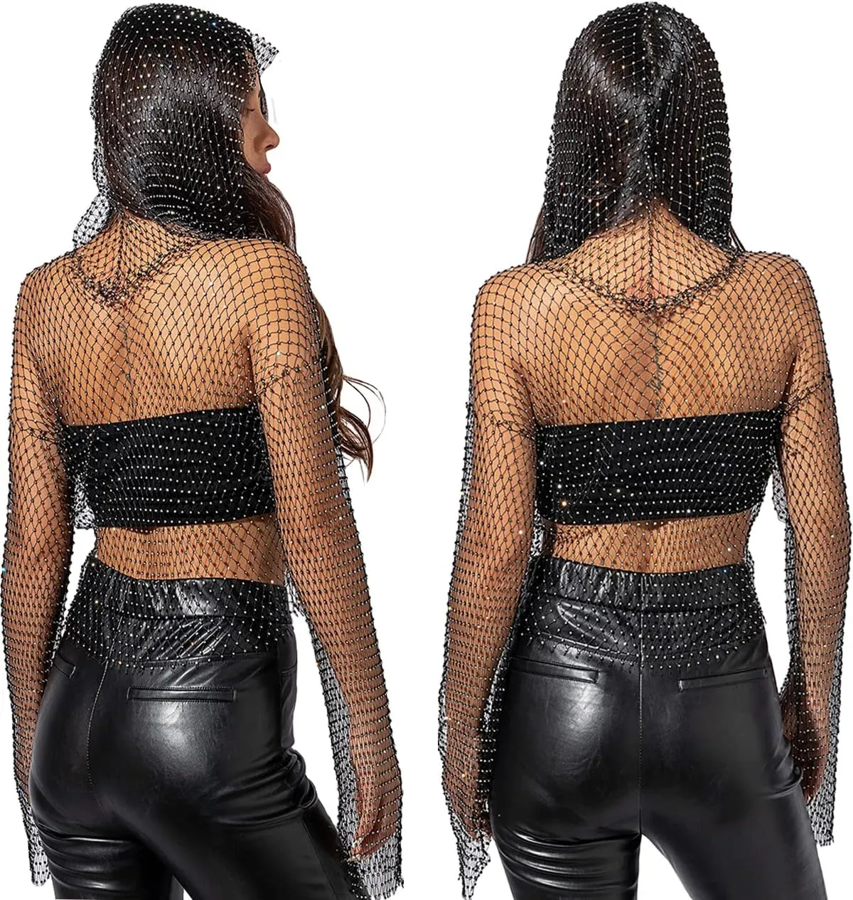 Sheer Long Sleeve Tops for Women Plus Size Tight Rhinestone See Through Mesh Crop Top Off Shoulder V Neck