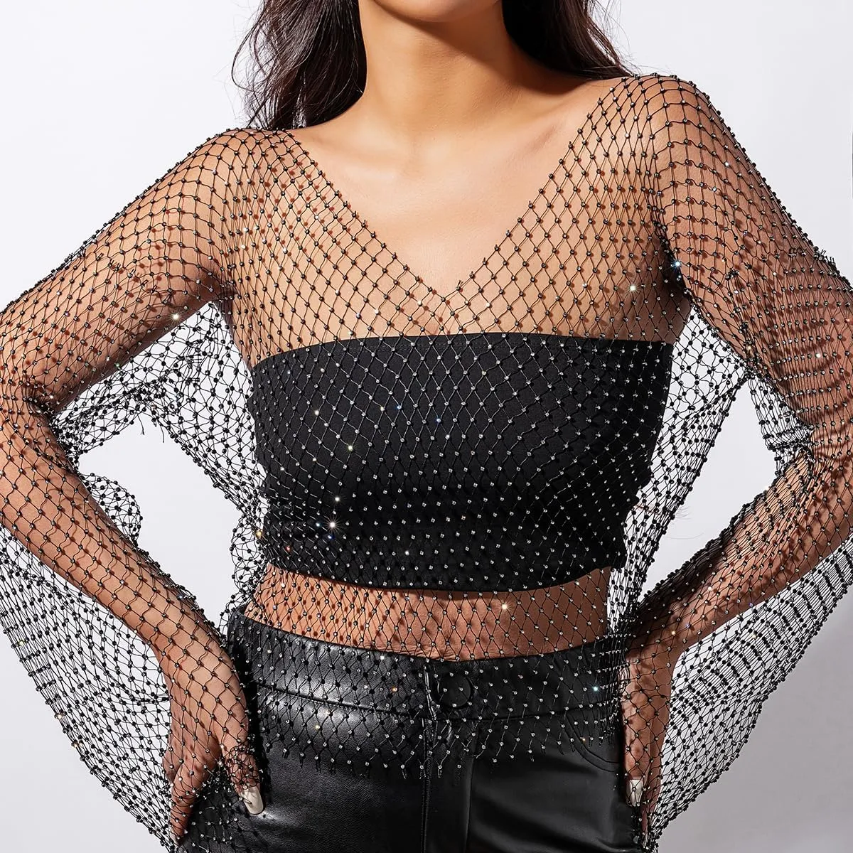 Sheer Long Sleeve Tops for Women Plus Size Tight Rhinestone See Through Mesh Crop Top Off Shoulder V Neck