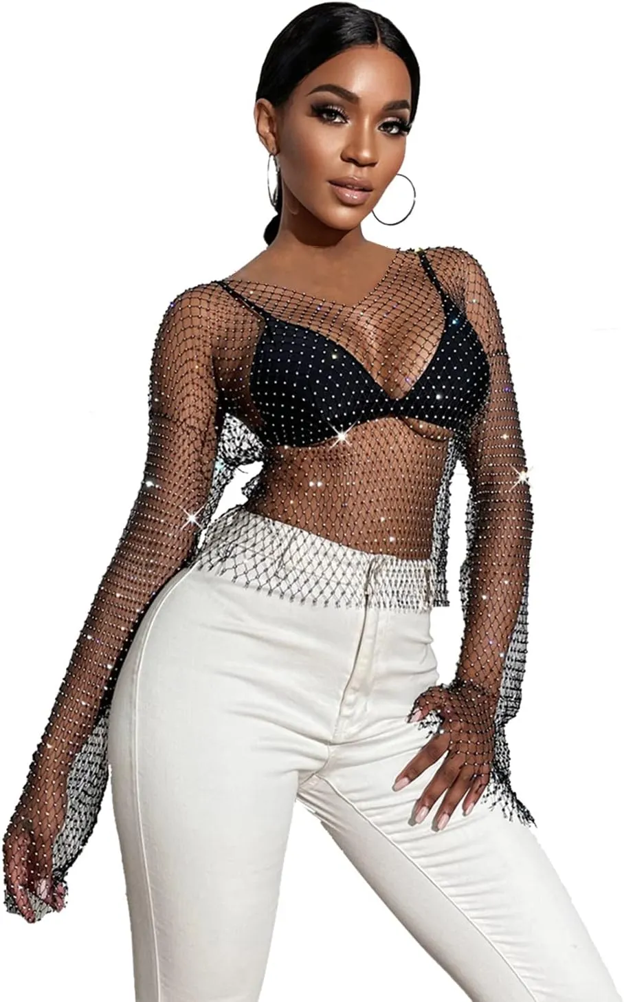 Sheer Long Sleeve Tops for Women Plus Size Tight Rhinestone See Through Mesh Crop Top Off Shoulder V Neck