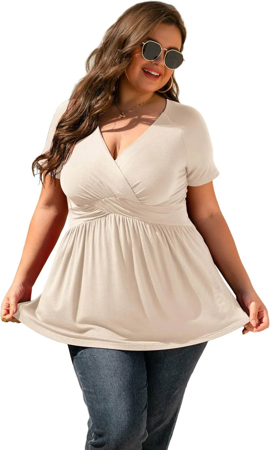 TIANZHU Women's Plus Size Dressy Tops Wrap Shirt Short Sleeve Tunic Top V Neck Low Cut Cute Blouse