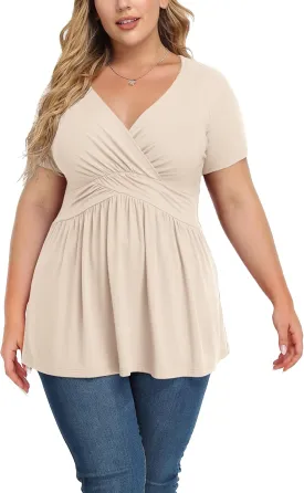 TIANZHU Women's Plus Size Dressy Tops Wrap Shirt Short Sleeve Tunic Top V Neck Low Cut Cute Blouse