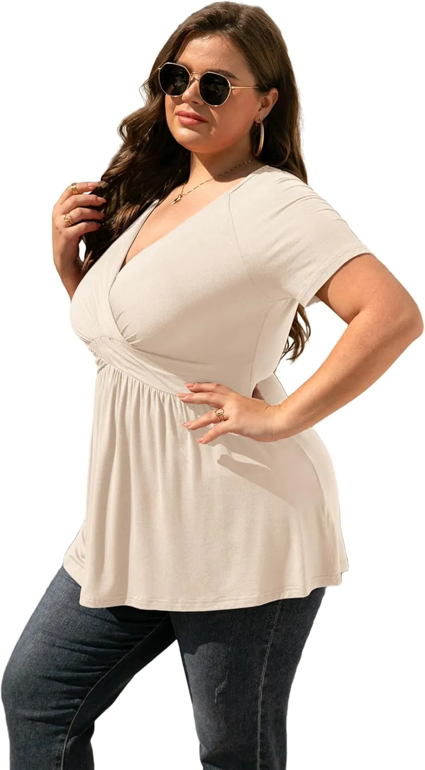 TIANZHU Women's Plus Size Dressy Tops Wrap Shirt Short Sleeve Tunic Top V Neck Low Cut Cute Blouse