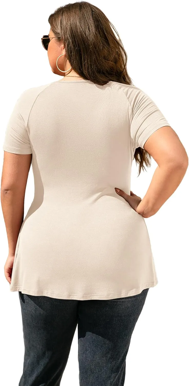 TIANZHU Women's Plus Size Dressy Tops Wrap Shirt Short Sleeve Tunic Top V Neck Low Cut Cute Blouse