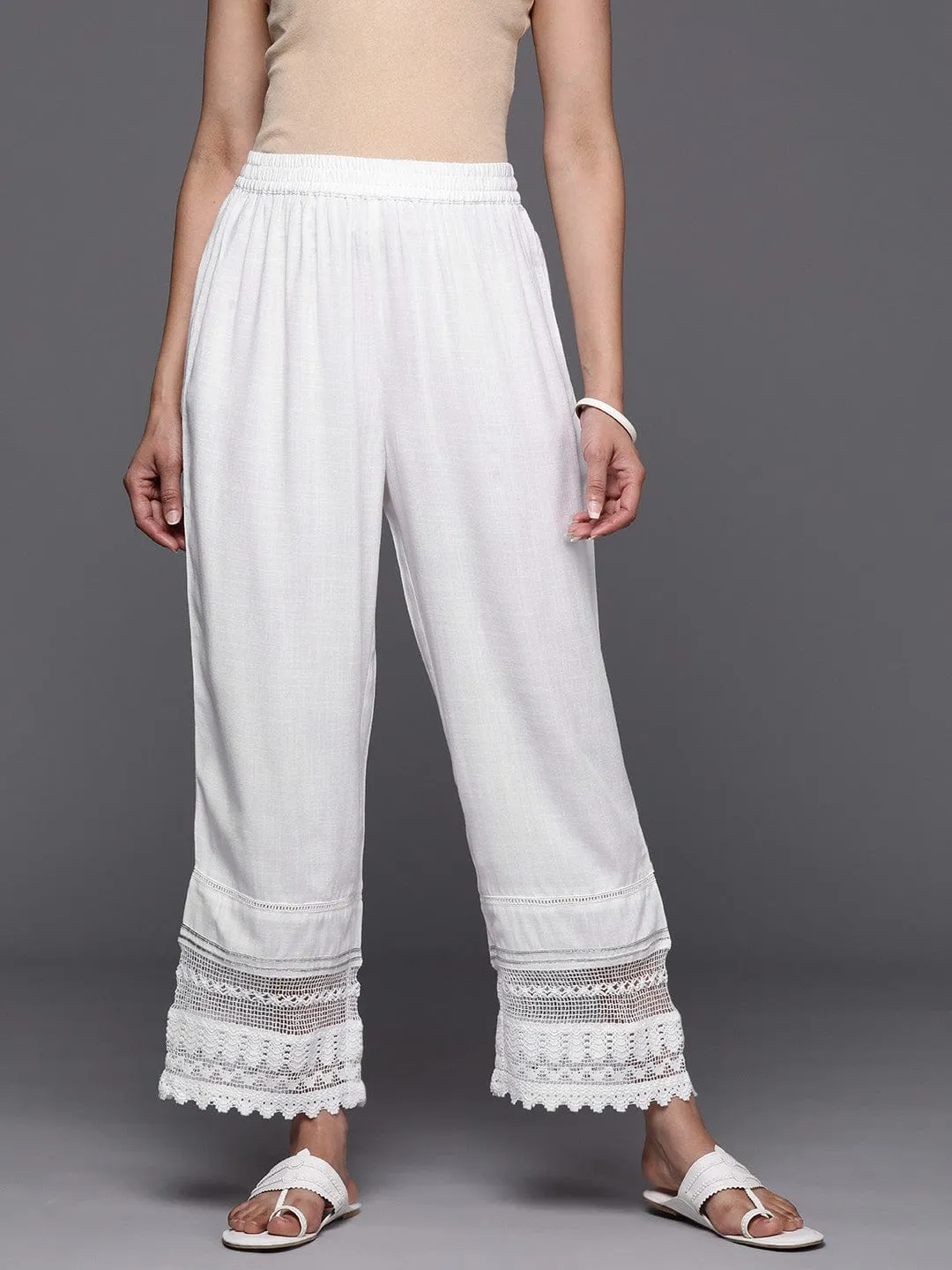 Varanga White Colored Silk Ethnic Palazzos