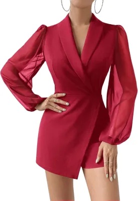 WDIRARA Women's Long Lantern Sleeve Elegant Shawl Collar Blazer Romper Shorts Jumpsuit