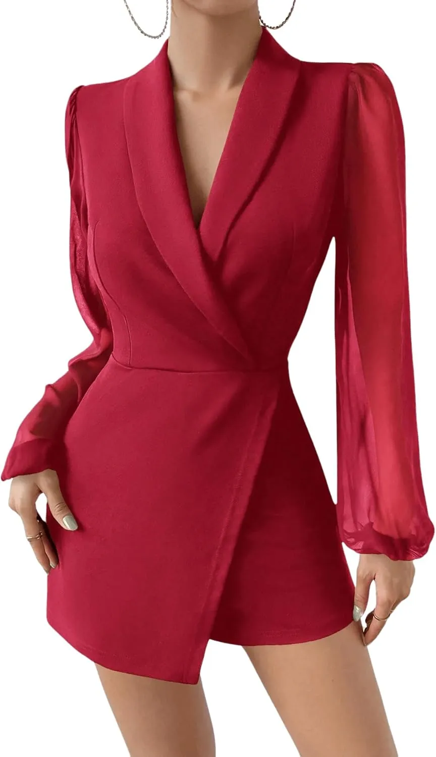 WDIRARA Women's Long Lantern Sleeve Elegant Shawl Collar Blazer Romper Shorts Jumpsuit