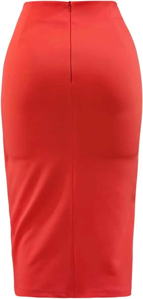Wear to Work Pencil Skirts for Women Twist Front Elastic High Waist Split Thigh Business Skirt