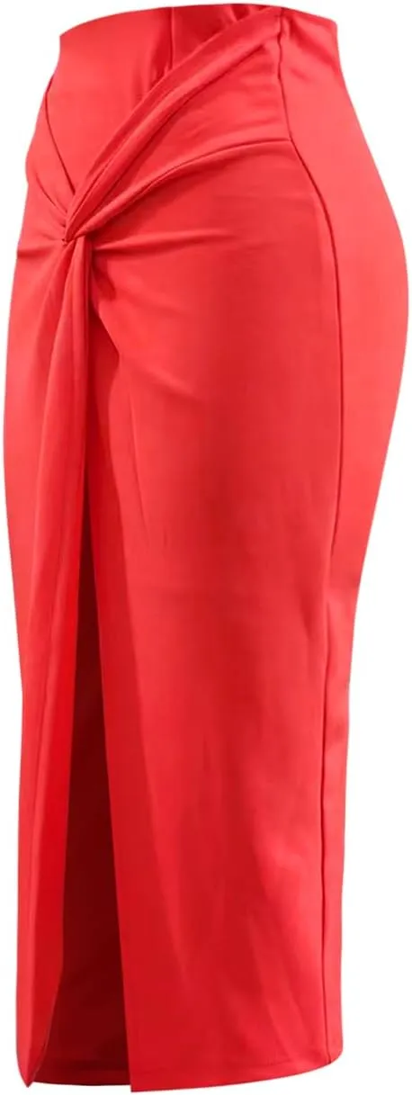 Wear to Work Pencil Skirts for Women Twist Front Elastic High Waist Split Thigh Business Skirt