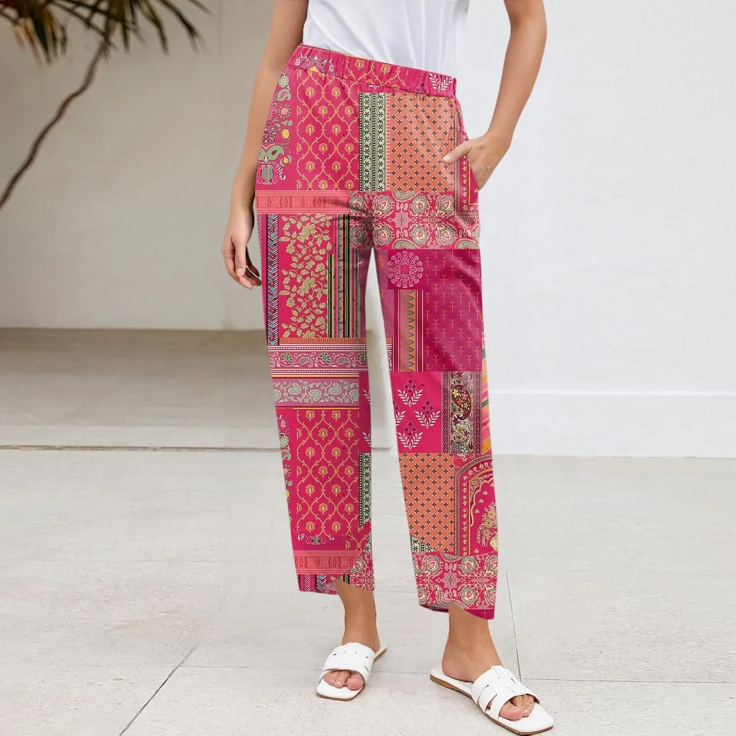 Wide Leg Linen Pants for Women Cropped Summer Palazzo Pant Casual Ankle Length Beach Vacation Trousers with Pockets