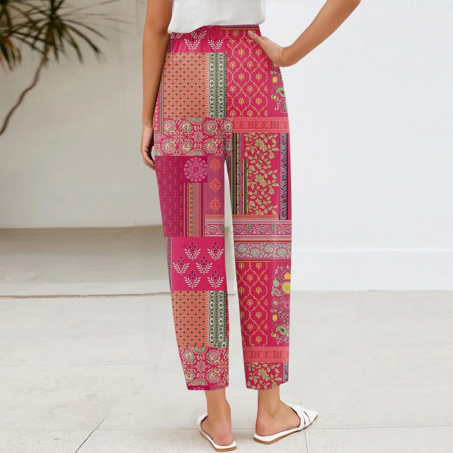 Wide Leg Linen Pants for Women Cropped Summer Palazzo Pant Casual Ankle Length Beach Vacation Trousers with Pockets