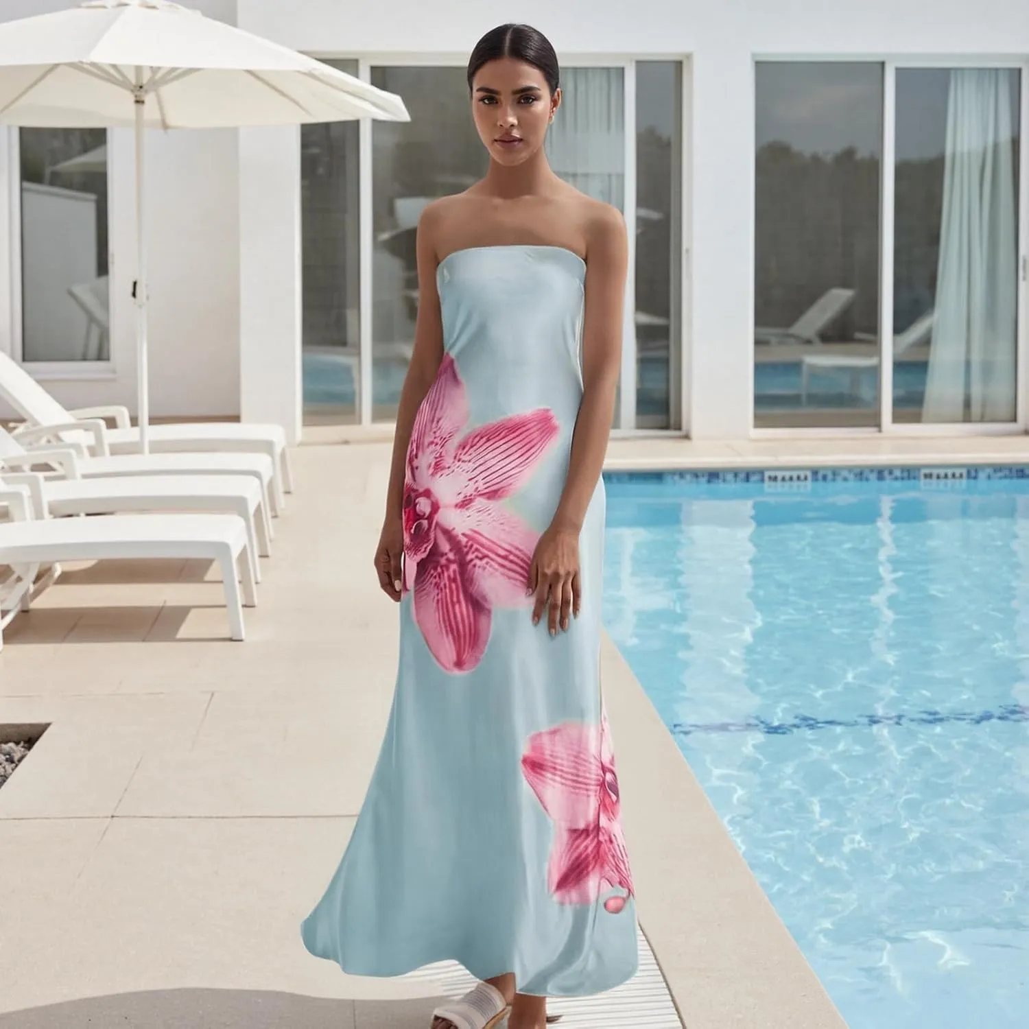 Women Floral Strapless Maxi Dresses Off Shoulder Sleeveless Backless Tube Top Dress Bodycon Bandeau Sundress
