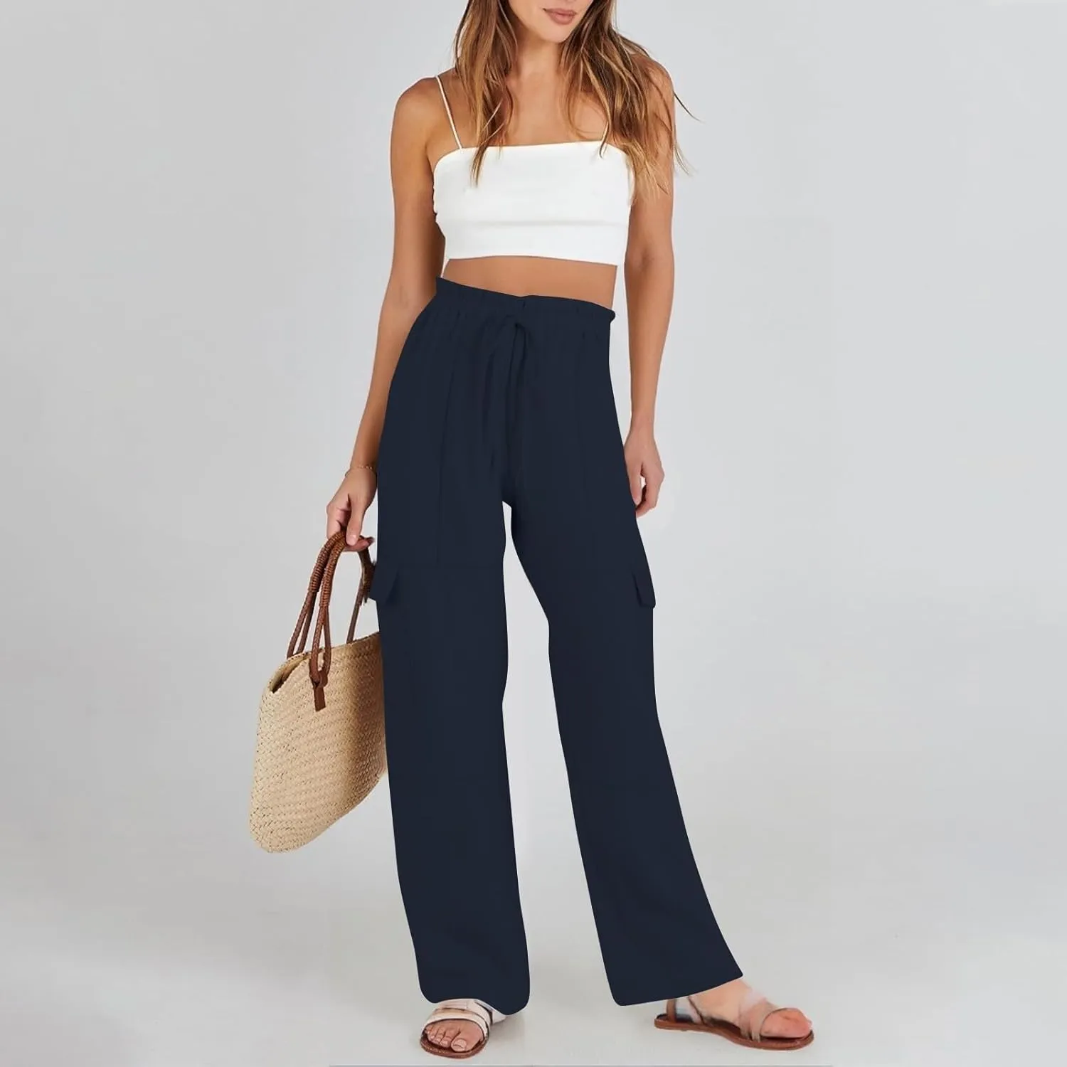 Women Linen Cargo Pants Casual Summer Elastic Waist Palazzo Pants Flowy Beach Trousers with Pockets Vacation Outfits