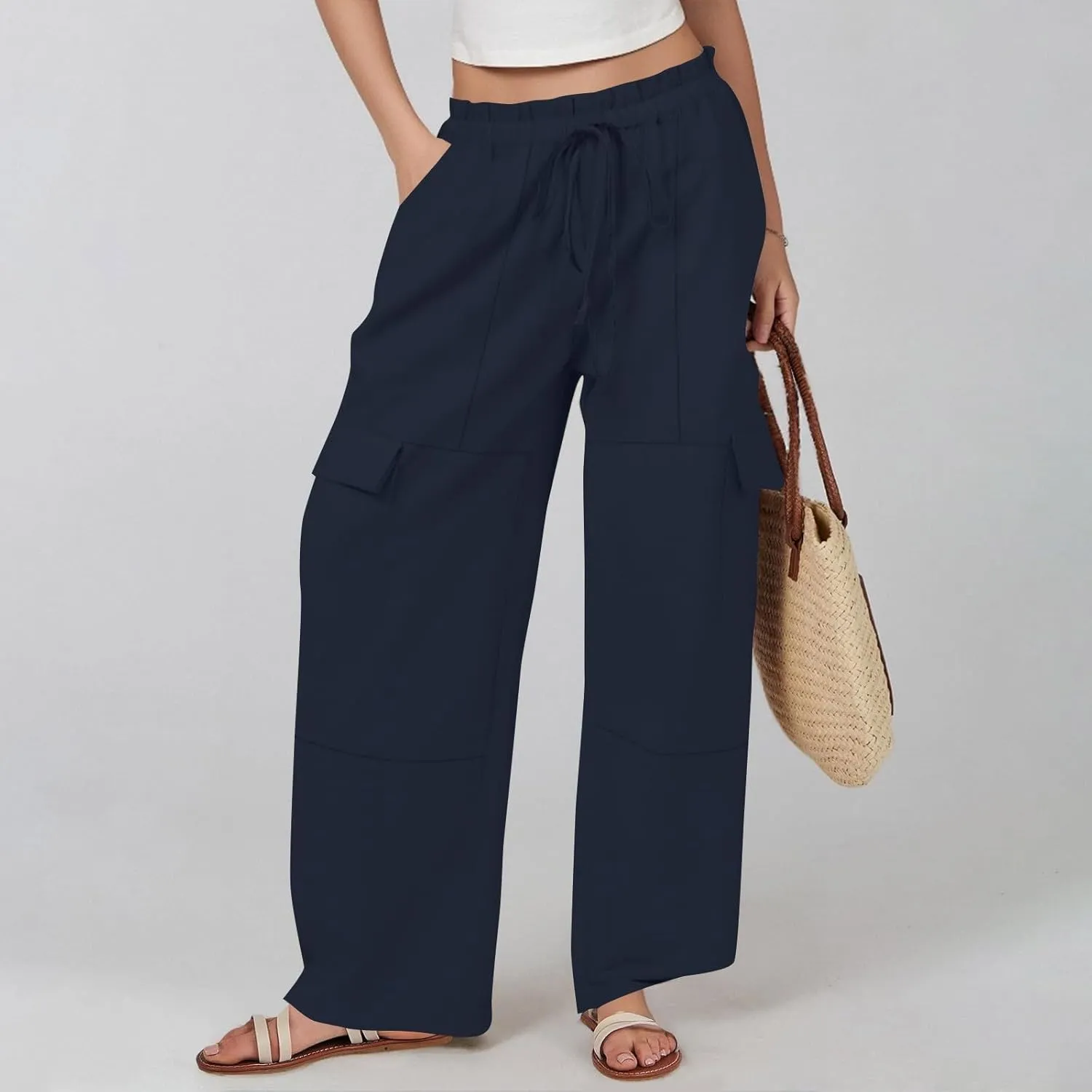 Women Linen Cargo Pants Casual Summer Elastic Waist Palazzo Pants Flowy Beach Trousers with Pockets Vacation Outfits
