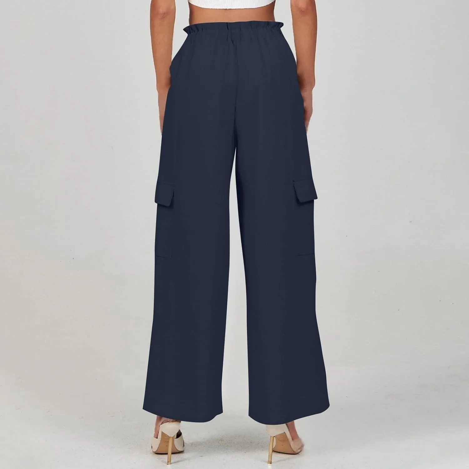 Women Linen Cargo Pants Casual Summer Elastic Waist Palazzo Pants Flowy Beach Trousers with Pockets Vacation Outfits