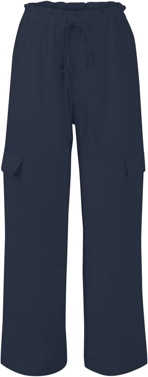 Women Linen Cargo Pants Casual Summer Elastic Waist Palazzo Pants Flowy Beach Trousers with Pockets Vacation Outfits