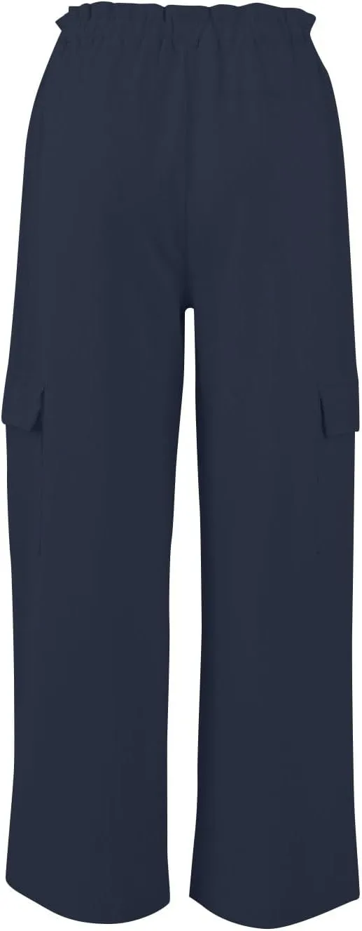 Women Linen Cargo Pants Casual Summer Elastic Waist Palazzo Pants Flowy Beach Trousers with Pockets Vacation Outfits