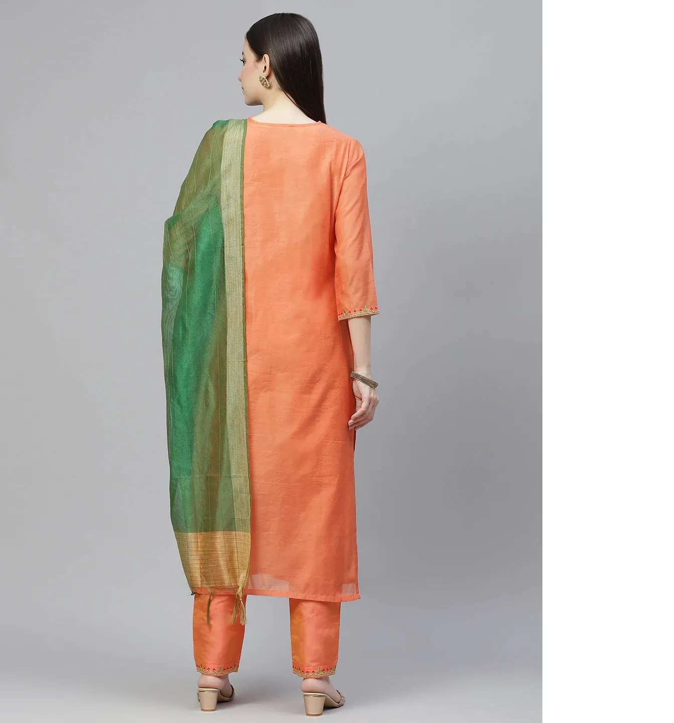 Women Orange & Green Ethnic Yoke Design Kurta With Trousers & With Dupatta