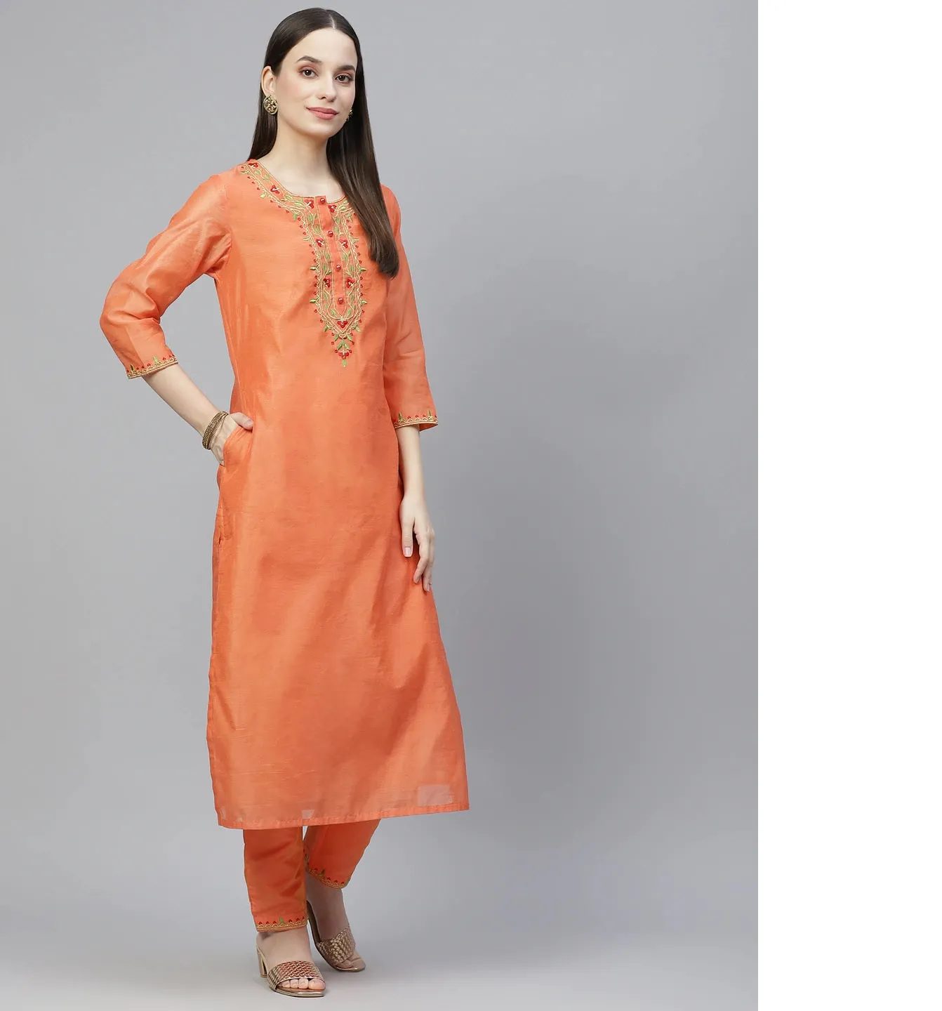 Women Orange & Green Ethnic Yoke Design Kurta With Trousers & With Dupatta