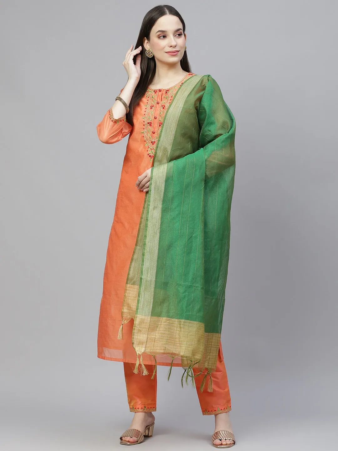Women Orange & Green Ethnic Yoke Design Kurta With Trousers & With Dupatta