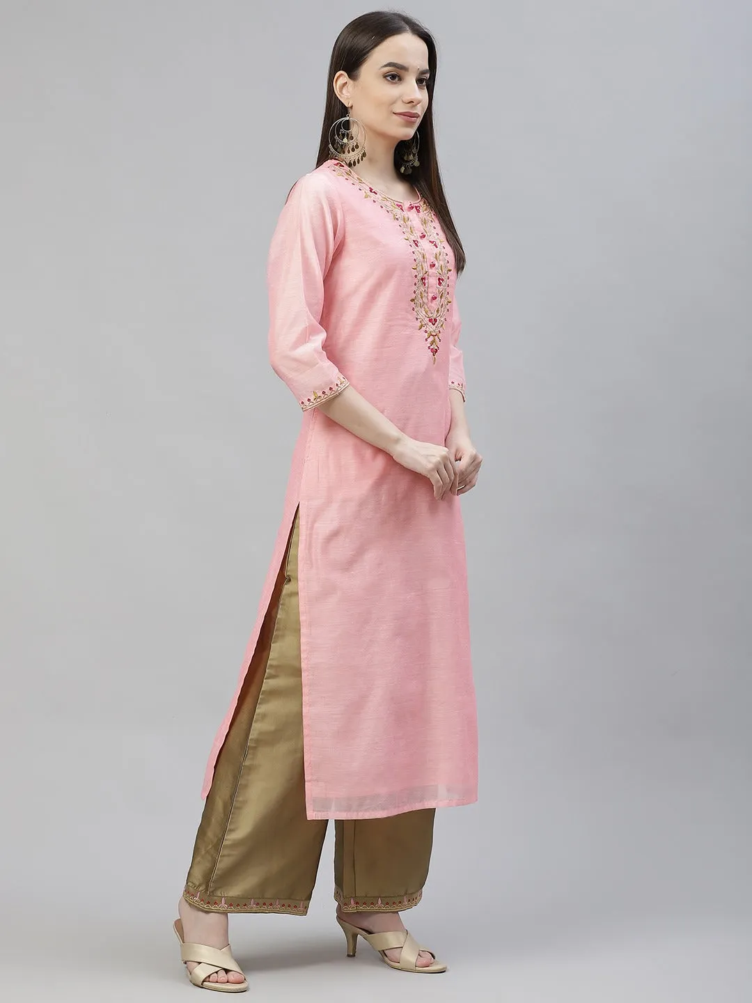 Women Pink Ethnic Motifs Embroidered Regular Kurta With Palazzos & With Dupatta