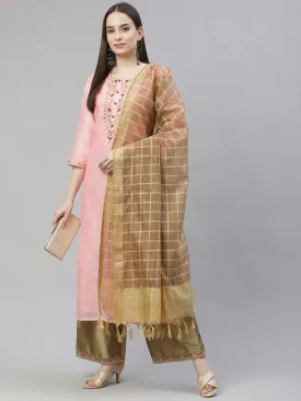 Women Pink Ethnic Motifs Embroidered Regular Kurta With Palazzos & With Dupatta