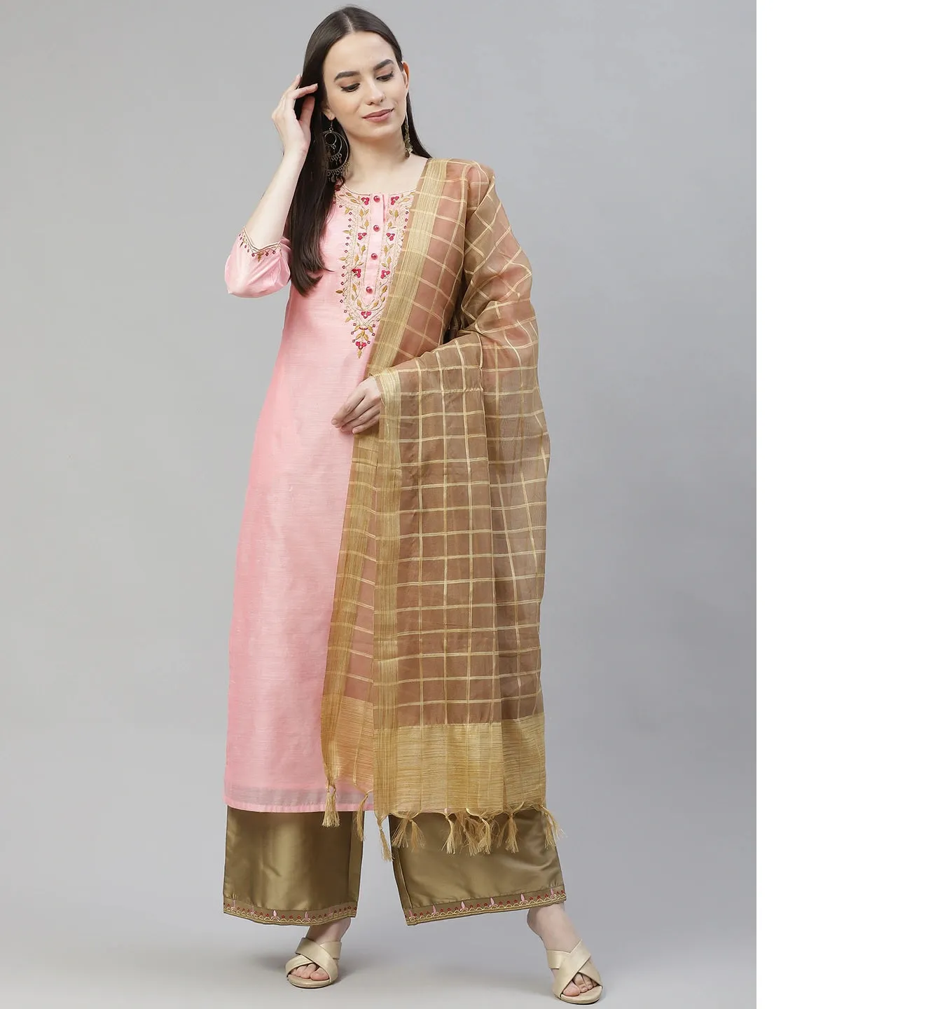 Women Pink Ethnic Motifs Embroidered Regular Kurta With Palazzos & With Dupatta