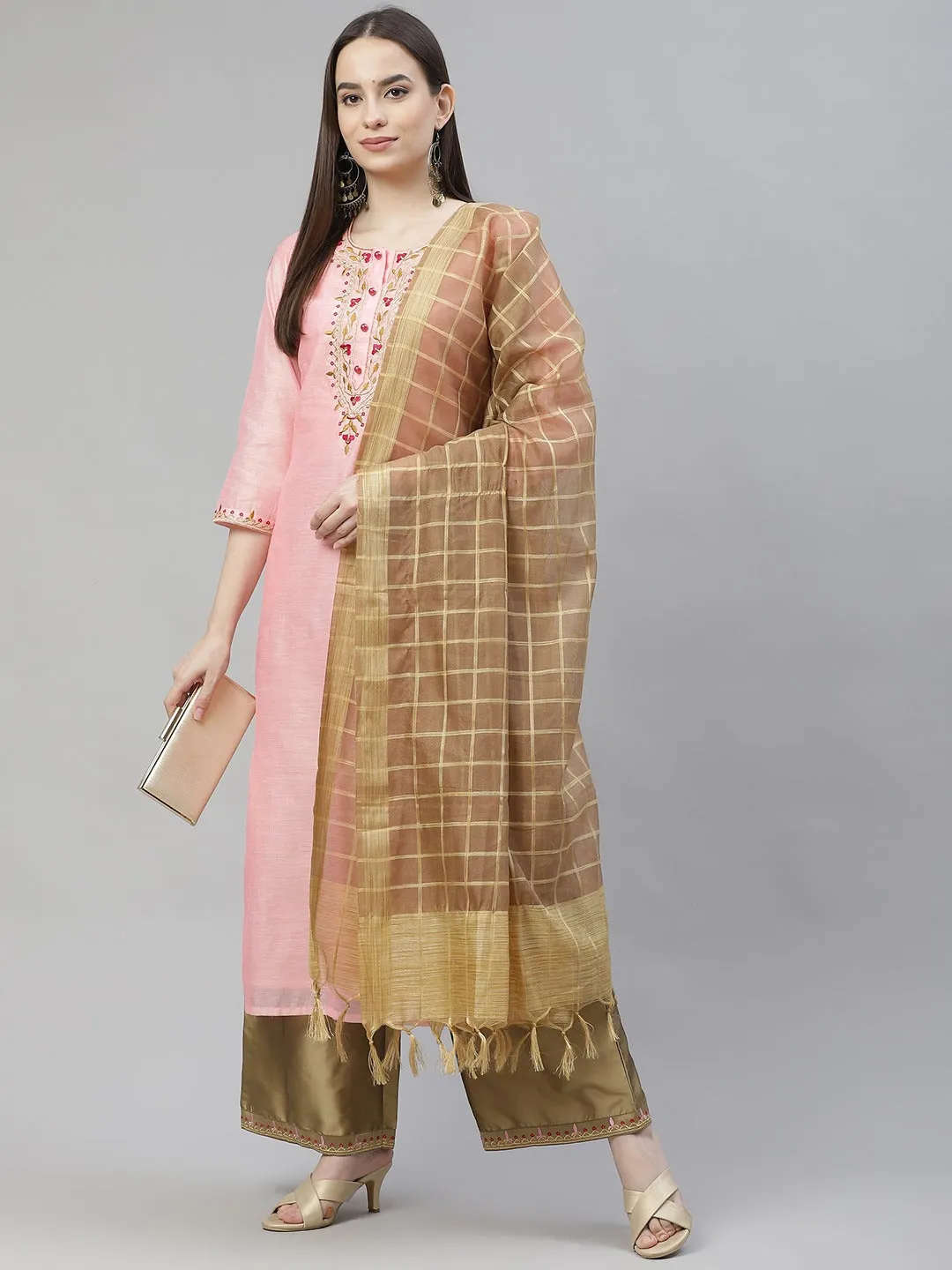 Women Pink Ethnic Motifs Embroidered Regular Kurta With Palazzos & With Dupatta